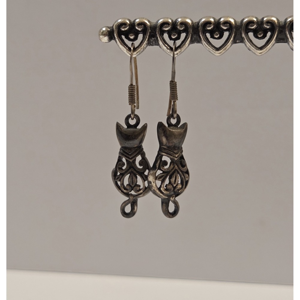 Vintage‎ Sterling Silver Cat Kitten Scoll Filigree Dangle Earrings 925